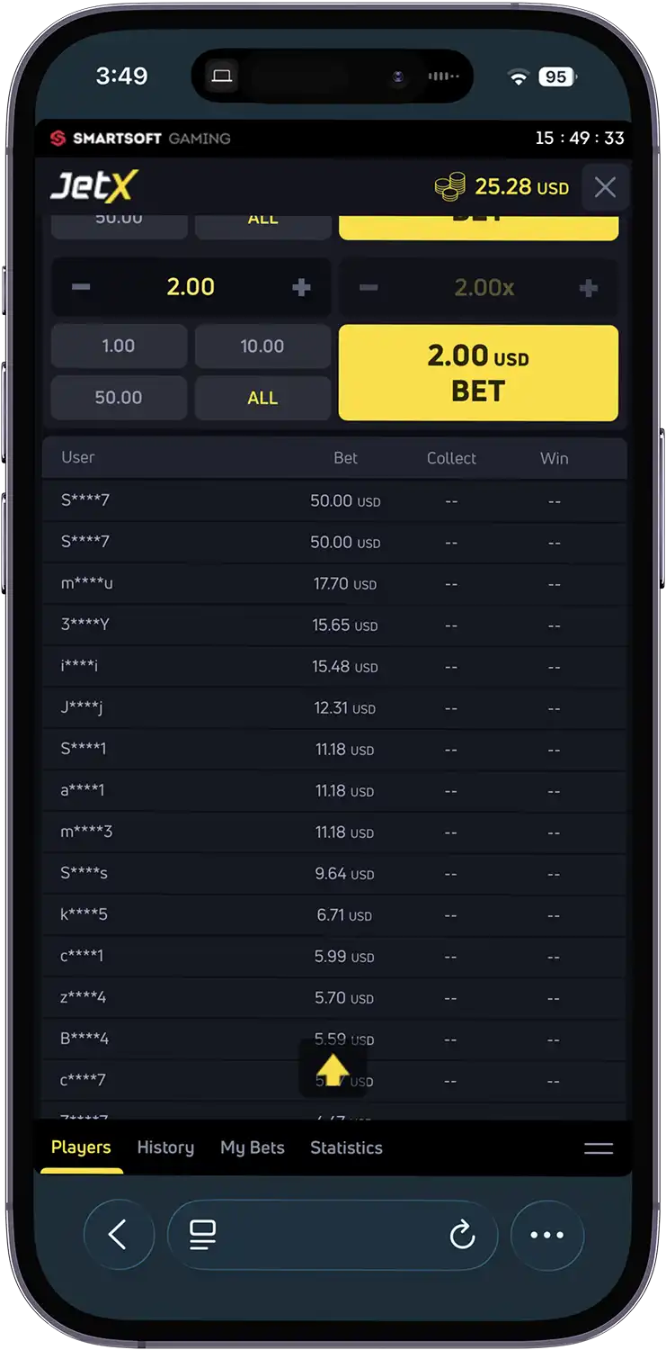 JetX players list and bets